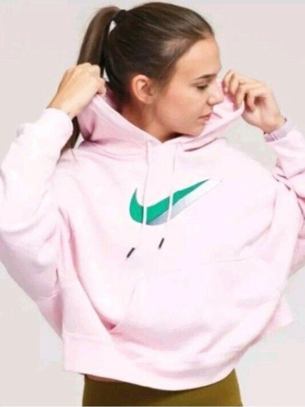 Nike Phoenix Cropped Oversized Hoodie Pink Green and Swoosh / Women’s Large
